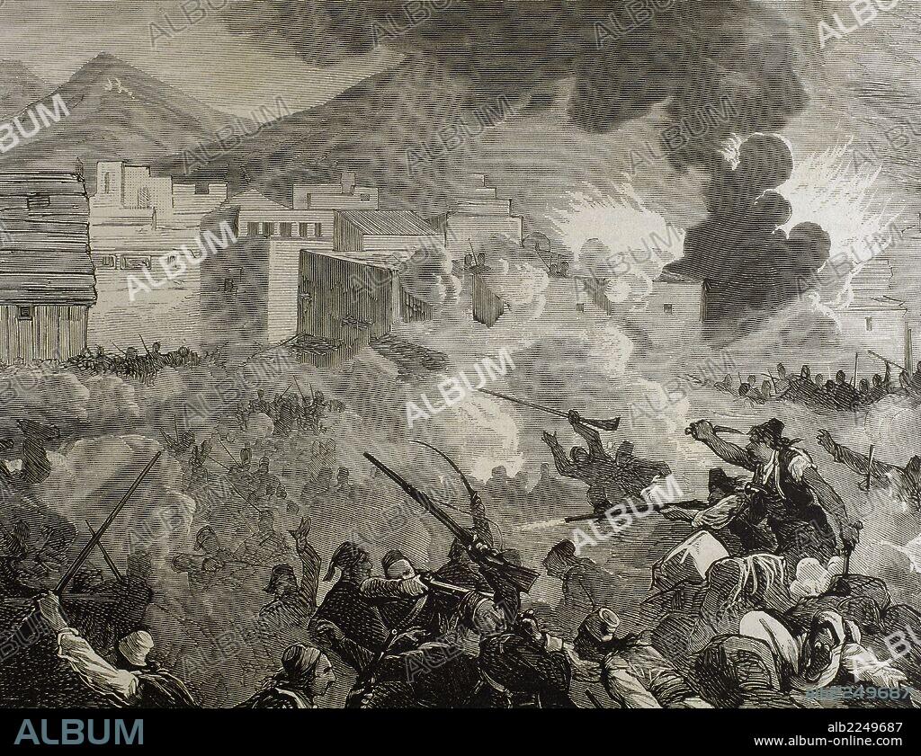 INDEPENDENCIA DE BOSNIA-HERZEGOVINA (1875). El 13 de agosto de 1875 Bosnia-Herzegovina se alza contra las tropas turcas cerca de la frontera del principado de Montenegro, para conseguir su independencia del Imperio Otomano. "INSURRECCION DE HERZEGOVINA. COMBATE EN LAS CERCANIAS DE TREBIGNE, GANADO POR LOS INSURRECTOS". Grabado de "La Ilustración Española y Americana". 1875.
