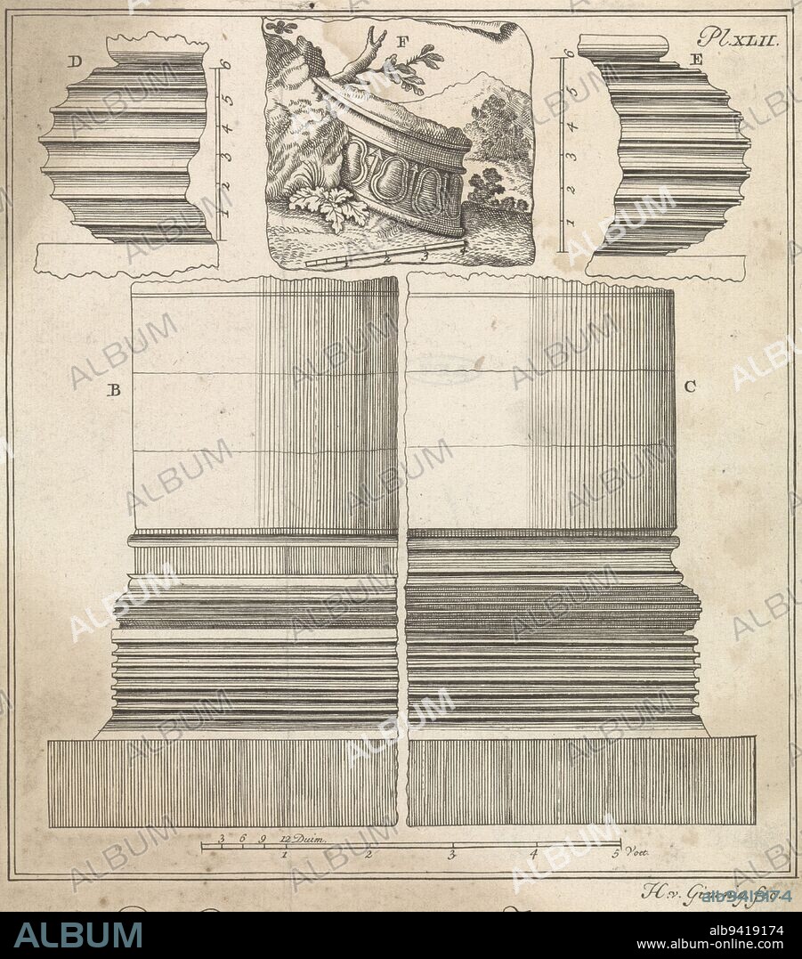 Two pillars in side view with scale. Top left and right two pillars in cross-section with scale. In the centre at the top the remains of a classical temple pillar. The pillars are according to the print of the temple of Juno at Samos. Numbered plate XLII in the upper right-hand corner, Study of the pillars of the temple of Juno in Samos Picture of the pylares in the Juno temple in Samos., print maker: Hendrik van Gimnig, (mentioned on object), Haarlem, (possibly), c. 1720 - c. 1780, paper, engraving, w 193 mm × h 230 mm.