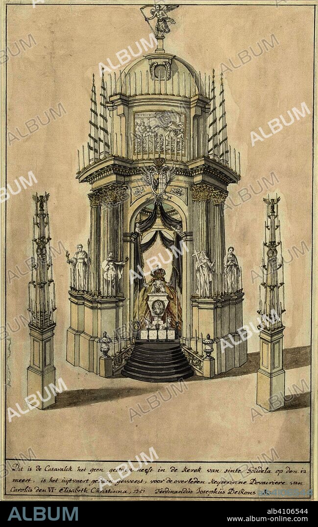 The catafalk for empress Elisabeth Christine in Brussels, 1751. Draughtsman: Ferdinandus Josephus de Rons. Dating: 1751. Measurements: h 422 mm × w 262 mm.