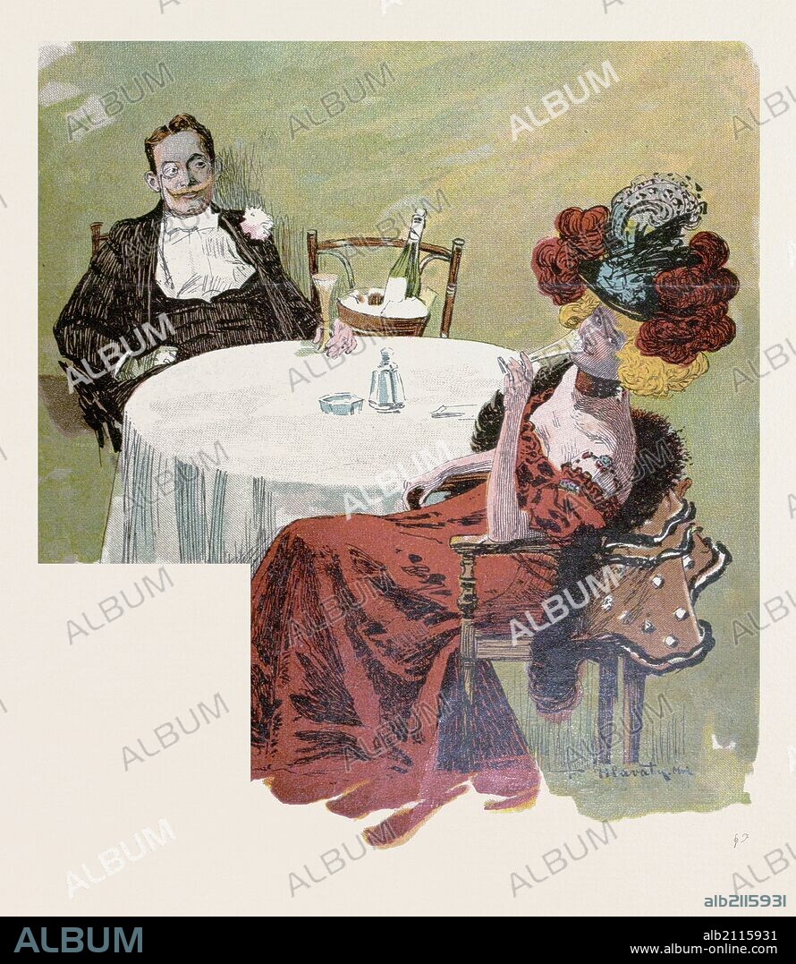 Drinking champagne by Franz Hlavaty, 1861-1917, german . Man , woman, table, champgne, glasses, champagne cooler, elegant dress, hat, drink, alcohol, celebration, glass, happiness, caucasian, europe, germany, glamour, romance, food and drink, liszt gourmet archive.