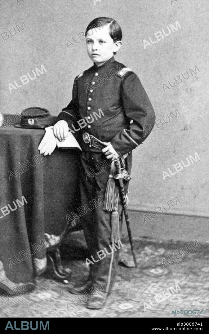 Tad Lincoln wearing a military-style uniform, age 11 or 12, photographed by Mathew Brady in 1865. Thomas Lincoln (April 4, 1853 - July 15, 1871) was the fourth and youngest son of Abraham and Mary Lincoln. The nickname Tad was given to him by his father who found Thomas "as wriggly as a tadpole" when he was a baby. He was born with a form of cleft lip and palate causing him speech problems throughout his life. The cleft palate contributed to uneven teeth and he had difficulty chewing his food to the extent that his meals were specially prepared. Tad was known to be impulsive and unrestrained, and did not attend school. He had free run of the White House, and there are stories of him interrupting Presidential meetings, collecting animals, and charging visitors to see his father. Tad outlived his father, but died of heart failure, due to tuberculosis, in 1871 at the age of 18.