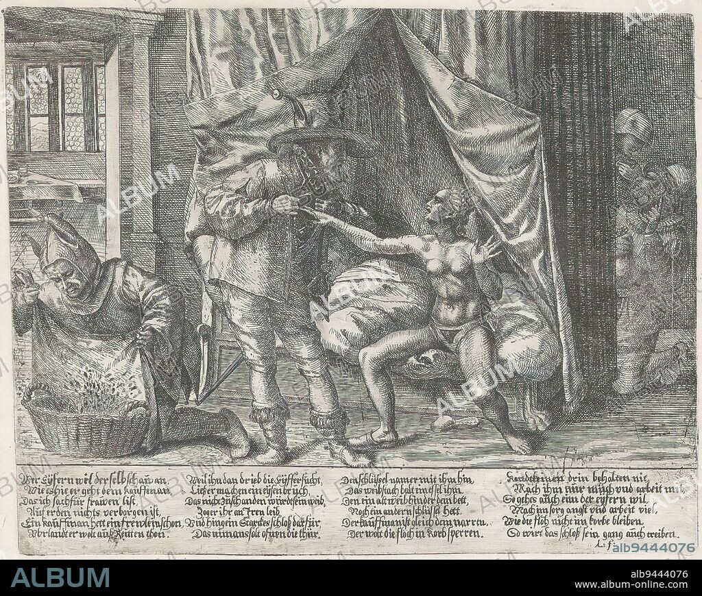 Allegory showing a man putting a chastity belt on a woman, In a bedroom, a naked woman wearing a chastity belt gives the key to the belt to her husband who is going on a trip. The man's hat has donkey ears or the ears of a jester's hat with bells. Behind the bed, a man and a maid look on. The man holds a bag of money in his hand. On the left, a jester trying to keep fleas in a basket symbolizes the folly of the husband's attempts to preserve his wife's chastity. In the margin four verses of six lines in German., print maker: anonymous, Germany, c. 1590 - c. 1600, paper, etching, height 232 mm × width 286 mm, height 264 mm × width 323 mm.