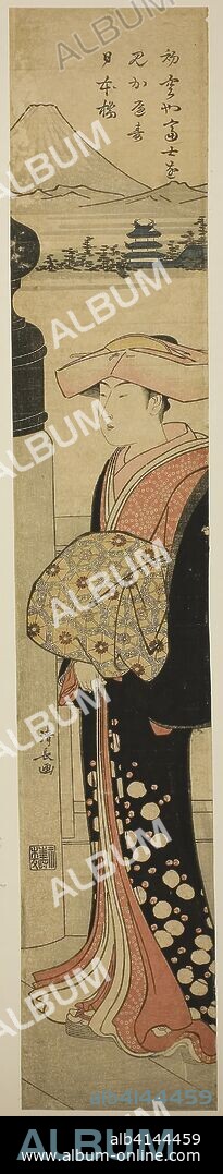 Finely-Dressed Woman Crossing Nihonbashi Bridge. Torii Kiyonaga; Japanese, 1752-1815. Date: 1778-1788. Dimensions: 71.1 x 12.6 cm. Color woodblock print; hashira-e. Origin: Japan.