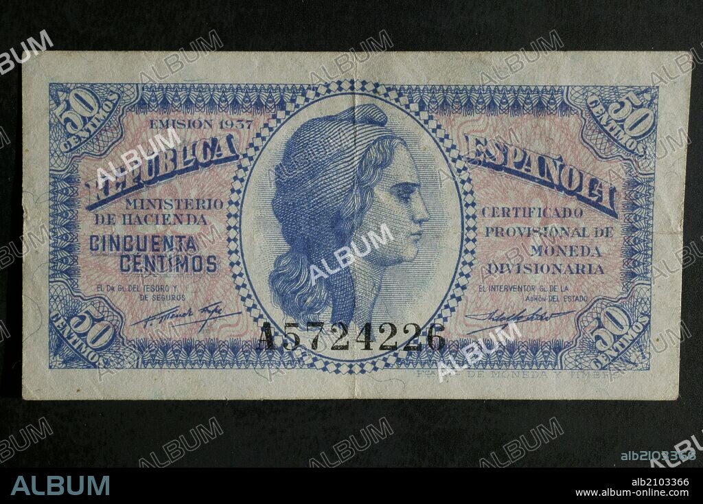 DINERO: BILLETE DE CINCUENTA CENTIMOS DE LA REPUBLICA ESPAÑOLA (1937). ANVERSO Y REVERSO.