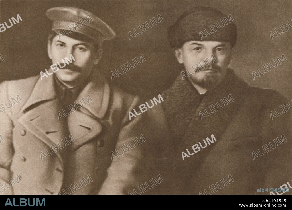 'Lenin and Stalin, March 1919', (1939). Russian communist revolutionaries Vladimir Ilich Lenin (1870-1924) and Joseph Stalin (1879-1953). Stalin became General Secretary of the Central Committee of the Russian Communist Party in 1922, and after the death of Lenin in 1924, effectively became ruler of the Soviet Union. From Stalin on Lenin. [Foreign Languages Publishing House, Moscow, 1939].