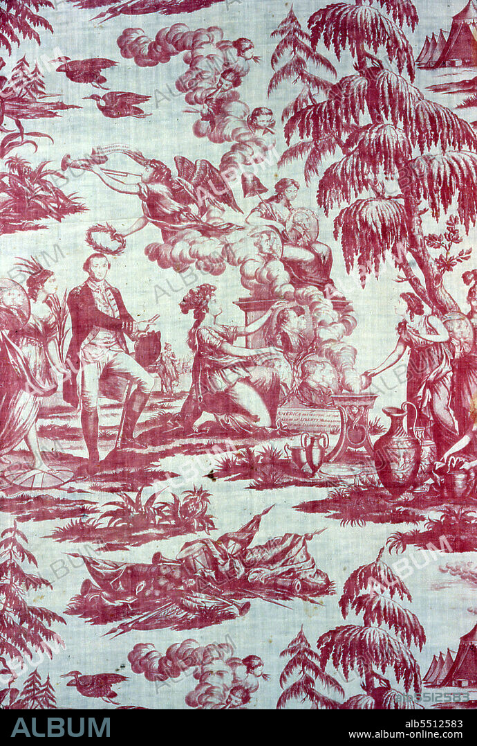 America Presenting at the Altar of Liberty Medallions of Her Illustrious Sons (Furnishing Fabric), England, c. 1785. After etchings by Pierre Eugène du Simitière.