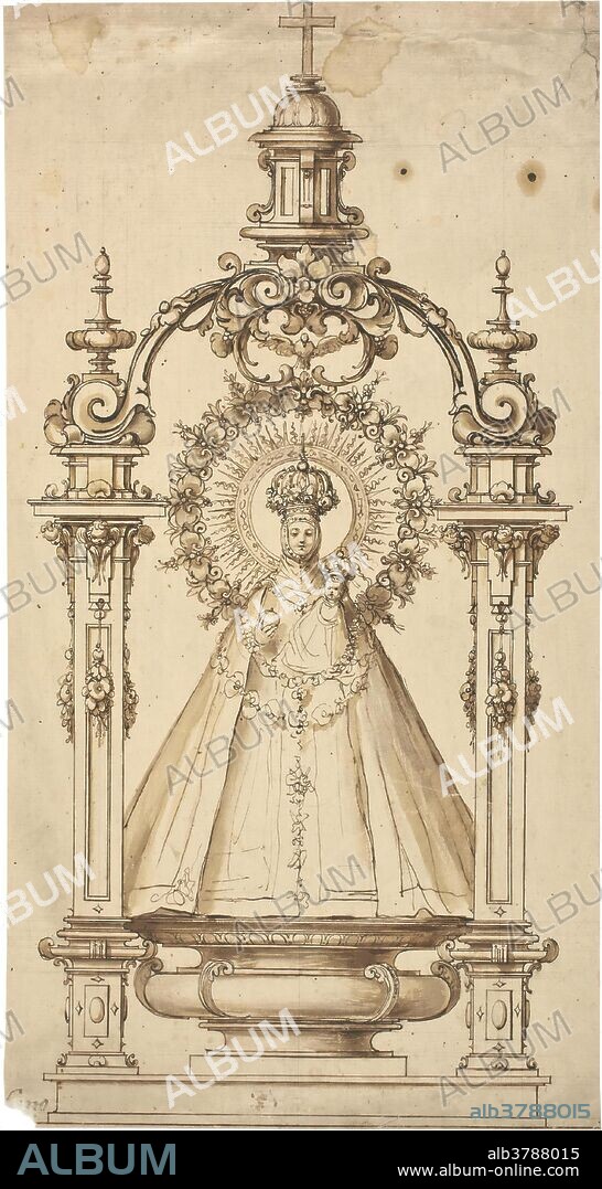 SEBASTIÁN DE HERRERA BARNUEVO. Sebastián de Herrera Barnuevo / 'La Virgen de Atocha'. 1654. Aguada parda, Pluma sobre papel verjurado, amarillento, 392 x 206 mm.