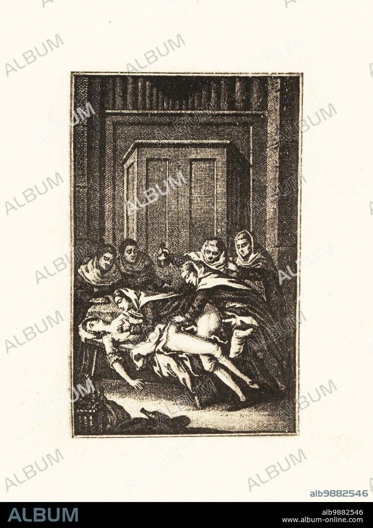 Drunken monks and maid in a menage a trois, 18th century. A group of monks watches drinking wine. Engraving by Francois Rolland Elluin after Antoine Borel from Jean-Charles Gervaise de Latouches Memoiren des Saturnin, von ihm selbst Niedergeschreiben, Privatdruck, Liepzig, 1911. Also known as Le Portier des Chartreux, it was one of several erotic novels written by Latouche, 1715-1782, a lawyer at the Paris Parliament.