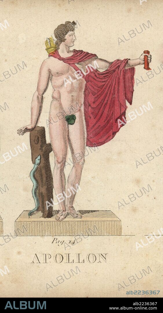 Apollo, Roman god of poetry and music, with figleaf, cape, lyre, quiver and python. Handcoloured copperplate engraving engraved by Jacques Louis Constant Lacerf after illustrations by Leonard Defraine from "La Mythologie en Estampes" (Mythology in Prints, or Figures of Fabled Gods), Chez P. Blanchard, Paris, c.1820.