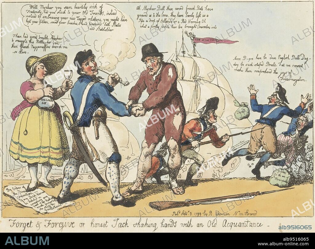Cartoon showing British soldiers chasing the French out of Holland, a reference to the British-Russian invasion of 1799. A grateful Dutchman shakes hands with an English sailor. A Dutch woman with bare bosom pours a glass of gin. In the background the ships of the British fleet, on the right the French flee leaving behind sacks of stolen money, Renewed friendship between Holland and England, 1799 Forget & Forgive or honest Jack shaking hands with an old Acquantance , print maker: Thomas Rowlandson, publisher: Rudolph Ackermann, (mentioned on object), London, 3-Sep-1799, paper, etching, h 235 mm × w 320 mm.