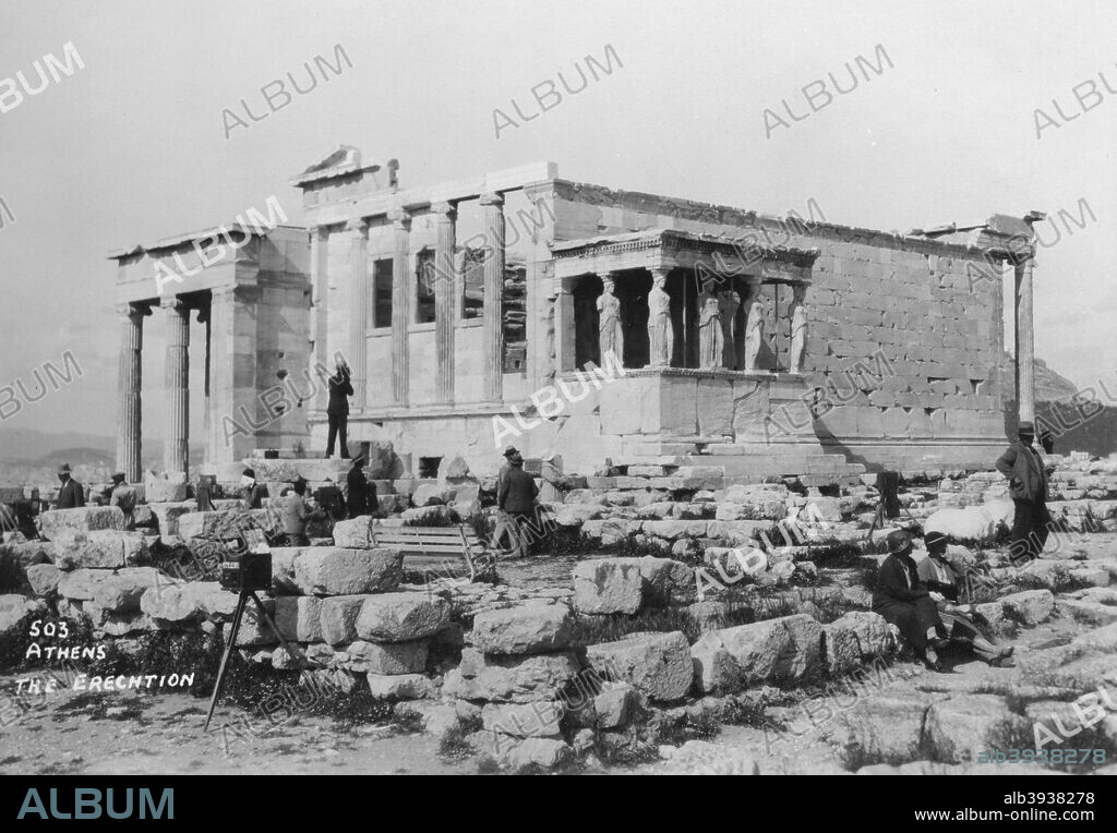 Erechtheion, Athens, Greece, c1920s-c1930s(?). The Erechtheion is an ancient Greek temple on the Acropolis of Athens in Greece, that was built in honour of the legendary King Erechtheus. The temple as seen today was built between 421-407 BC, and its architect may have been Mnesicles. On the north side, there is a large porch with columns, and on the south, the famous 'Porch of the Maidens', with six draped female figures known as caryatids (meaning: 'Maidens of Karyae') as supporting columns, each sculpted in a manner different from the rest and engineered in such a way that their slenderest part, the neck, is capable of supporting the weight of the porch roof whilst remaining graceful and feminine. The Acropolis of Athens was declared a World Heritage Site by UNESCO in 1987.