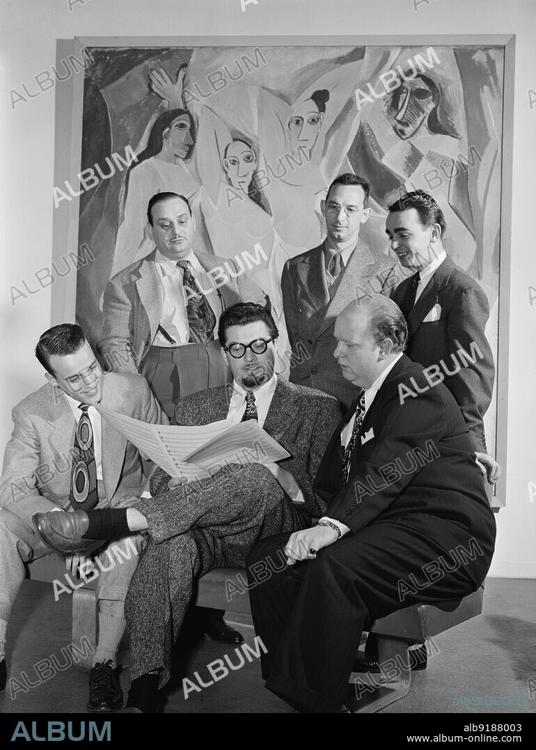 WILLIAM PAUL GOTTLIEB. Portrait of Johnny Richards, Eddie Sauter, Ralph Burns, Neal Hefti, George Handy, and Edwin A. Finckel, Museum of Modern Art, New York, N.Y., ca. Mar. 1947.