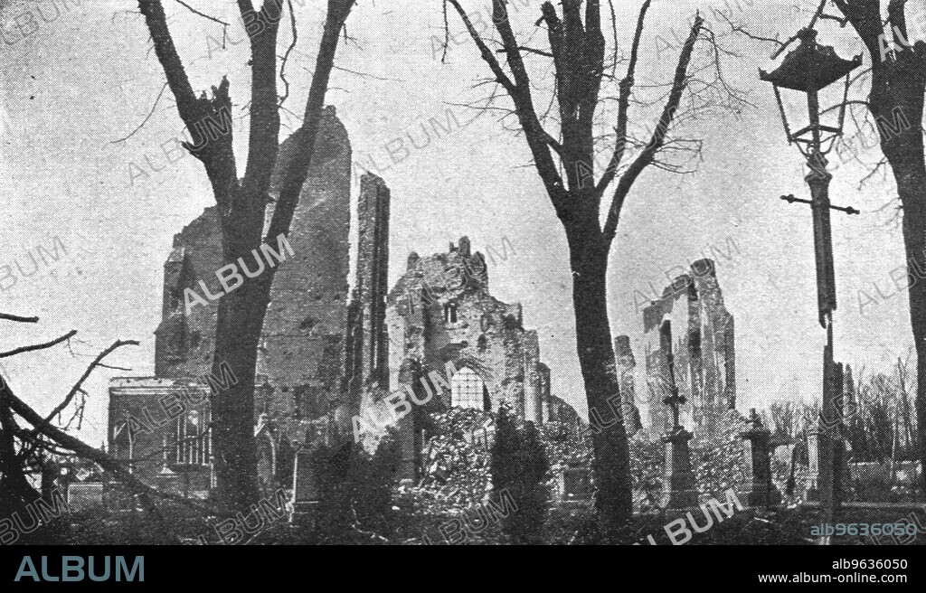 ''La seconde bataille d'Ypres; L'eglise et le cimetiere de Langemarck', 1915. From "L'Album de la Guerre 1914-1919: Volume I" [L'Illustration, Paris, 1926].