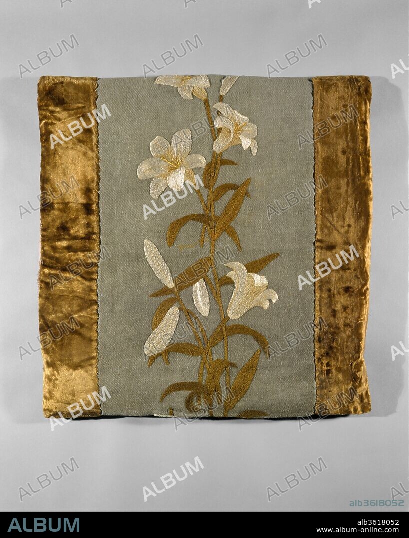 Pillow cover. Artist: Candace Wheeler (American, Delhi, New York 1827-1923 New York). Culture: American. Dimensions: 22 x 22 1/2 in. (55.9 x 57.2 cm). Date: ca. 1876-77.
Designed by Wheeler soon after her return from the 1876 Centennial Exhibition in Philadelphia, this pillow cover is embroidered with Madonna lilies nearly identical to those on a curtain border exhibited there by London's Royal School of Needlework. English precedents supplied not only patterns but also the stitches and fabrics that Wheeler adopted early in her career. Made of a rough wool twill (bordered with silk velvet), this cover is embroidered mainly with wool yarn in a traditional crewel stitch. In its studied simplicity it echoes the early embroidery work of English designer William Morris. A proponent of the Arts and Crafts movement, Morris experimented with natural dyes and a variety of stitches to create works that evoked those of the seventeenth and eighteenth centuries, the golden age of English embroidery.