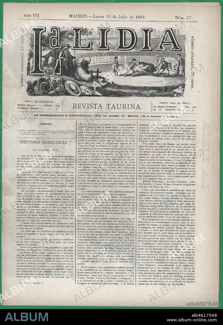 Portada de la revista taurina La Lidia. Madrid, julio de 1888.
