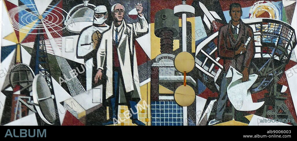 East German communist architecture ; Office block with a communist era, mural dedicated to pharmaseutical production. Berlin, Germany 2017.