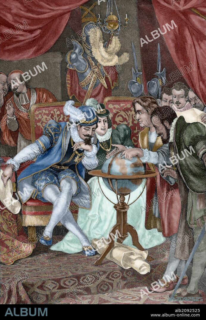 COLON, Cristóbal (¿1451-Valladolid,1506). Navegante y descubridor del Nuevo Mundo. "Cristobal Colón en la Rábida". "Colon en el campamento de Santa Fe". Grabado por Specht, a partir de un cuadro de Kollarz. "El Universo Ilustrado", año 1880. Coloreado.