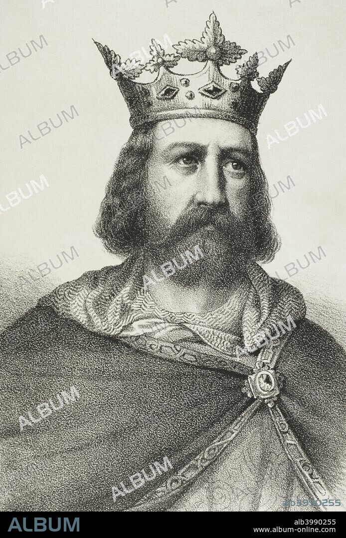 Alfons II the Chaste (1157-1196). King of Aragon and Count of Barcelona. Lithography. Detail. Cronica General de Espa–a, Historia Ilustrada y Descriptiva de sus Provincias. Catalonia. 1866.