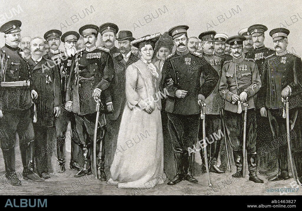 ALEJANDRO I OBRENOVIC (1876-1903). Rey de Serbia (1889-1903). Hijo de Milan IV, al abdicar su padre le sucedió en el trono. En 1894 abolió la Constitución liberal de 1889 y restableció la autoritaria de 1869. "EL REY CON SU ESPOSA DRAGA, LA PRINCESA HELENA Y SU ESTADO MAYOR, VICTIMAS DE LA REVOLUCION DEL 11 DE JUNIO DE 1903". S. XIX-XX (S. XIX-S. XX). Grabado de 'L'Illustration' (año 1903) .
