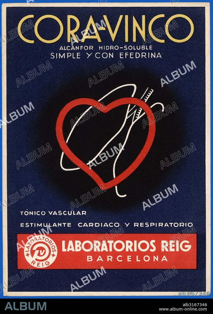 Publicidad farmacéutica. Cora-Vinco, estimulante cardíaco y respiratorio de Laboratorios Reig. Años 1950.