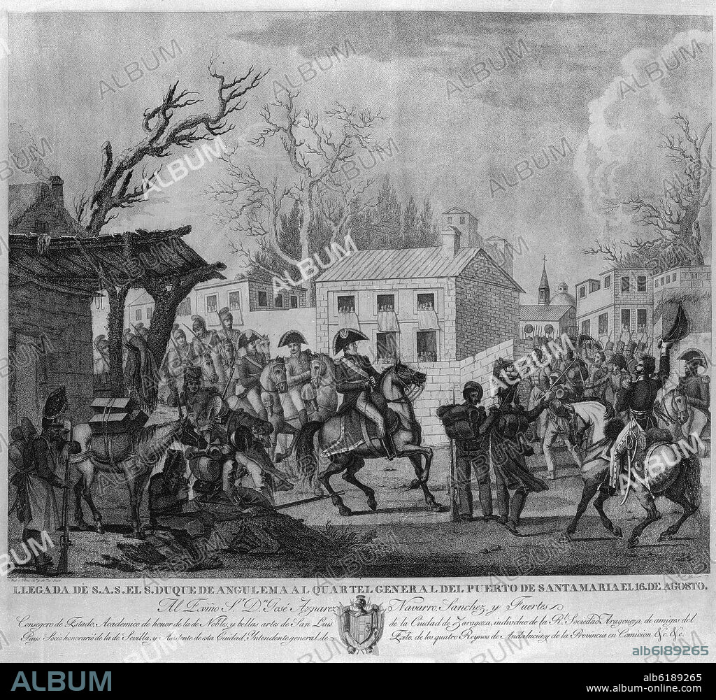 LLEGADA DEL DUQUE DE ANGULEMA AL CUARTEL GENERAL DEL PUERTO DE SANTA MARIA EL 16 DE AGOSTO - GRABADO SIGLO XIX.