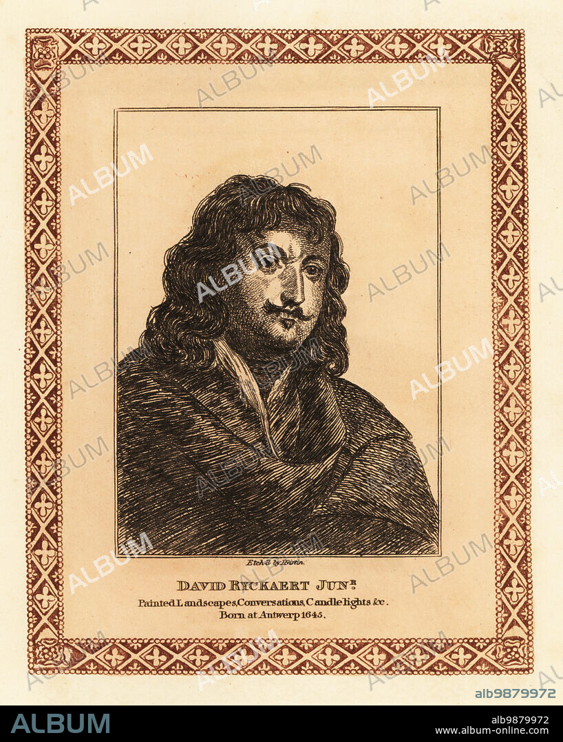 David Ryckaert III, 1612-1661, Flemish painter known for his contribution to genre painting. Grandson of David Rijckaert I and nephew of Marten Ryckaert. David Ryckaert Jr., painted landscapes, conversations, candlelights, etc. Tinted etching within a decorative border by John Girtin from John Girtins Seventy-Five Portraits of Celebrated Painters from Authentic Originals, J. MCreery, London, 1817.