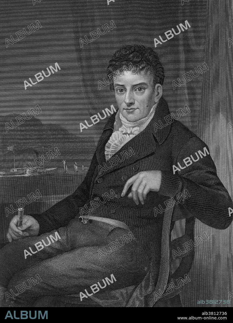 Robert Fulton (November 14, 1765 - February 24, 1815) was an American engineer and inventor. He began as a portrait painter, and moved to England in 1787. While living in England he focused his creativity on current engineering challenges and became involved in a project to design a canal system to replace the conventional locks that were in use at the time. He was granted an English patent in 1794 for his first invention, a double inclined plane system for hauling canal boats over difficult terrain. He later developed plans for cast iron aqueducts and invented a mechanical dredge to speed the construction of canals. His work with inland waterways culminated in a publication in 1796, entitled Treatise on the Improvement of Canal Navigation. In 1791 he moved to France where he designed the torpedo carrying submarine Nautilus, and, in 1803, the first steamship. Fulton returned to America and by 1807 had organized first commercial paddle steamer services on the Hudson River. In 1814 he also designed and launched the Demolgos, the first steam warship. While walking home on the frozen Hudson River one of his friends, Addis Emmet, fell through the ice. In the attempt to rescue his friend, he got soaked with icy water and caught pneumonia. His sickness worsened when he contracted consumption and he died in 1815 at the age of 49.