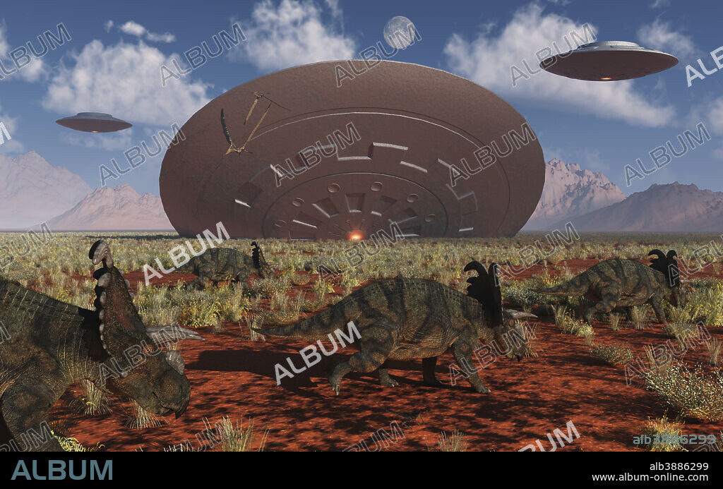 A herd of Centrosaurus dinosaurs from the Cretaceous Period walk past a giant flying saucer lodged into the ground after a bad landing.