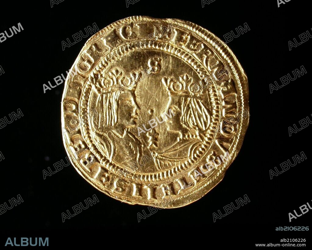 NUMISMATICA. MONEDA MEDIEVAL CRISTIANA. DOBLE EXCELENTE DE ORO, DE REYES CATOLICOS. ANVERSO. BUSTO DE LOS REYES AFRONTADOS. (DEPOSITO: MUSEO ARQUEOLOGICO NACIONAL).