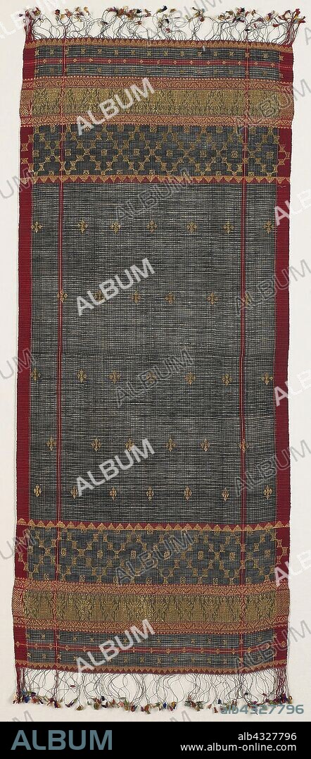 Shoulder or Head Cloth (selendang), 19th century, Minangkabau people, Indonesia, West Sumatra, Tanjung Sungayang area, Sumatra, Silk, cotton, and gold-leaf-over-lacquered-paper-strip-wrapped silk, plain weave with supplementary patterning and brocading wefts, plied main warp fringe terminating in knotted silk, cut tassels, 166.4 x 71.8 cm (65 1/2 x 30 3/4 in.).