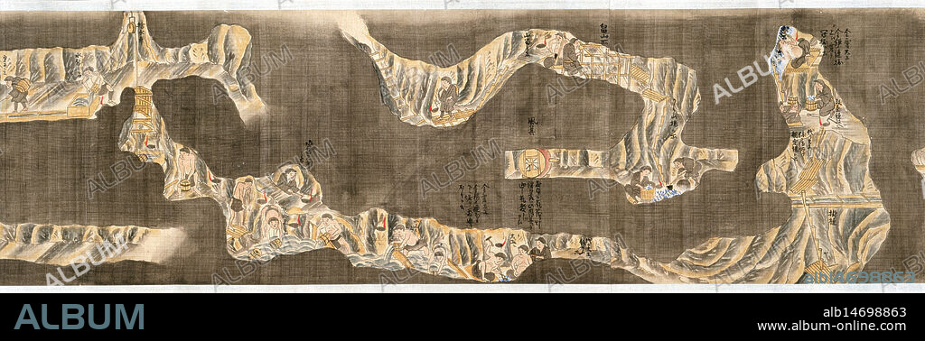 Gold and silver mining, Japan, c1810. An illustration of the gold mines on Sado Island. Miners use buckets and pulleys to bail out water. From "Kinginzan Shikinaioka Kasegikata No Zu" ("Illustrations Of Working Methods In Gold And Silver Mines"), a series of three manuscript scrolls showing mining operations on Sado Island. (Japan, c1810).