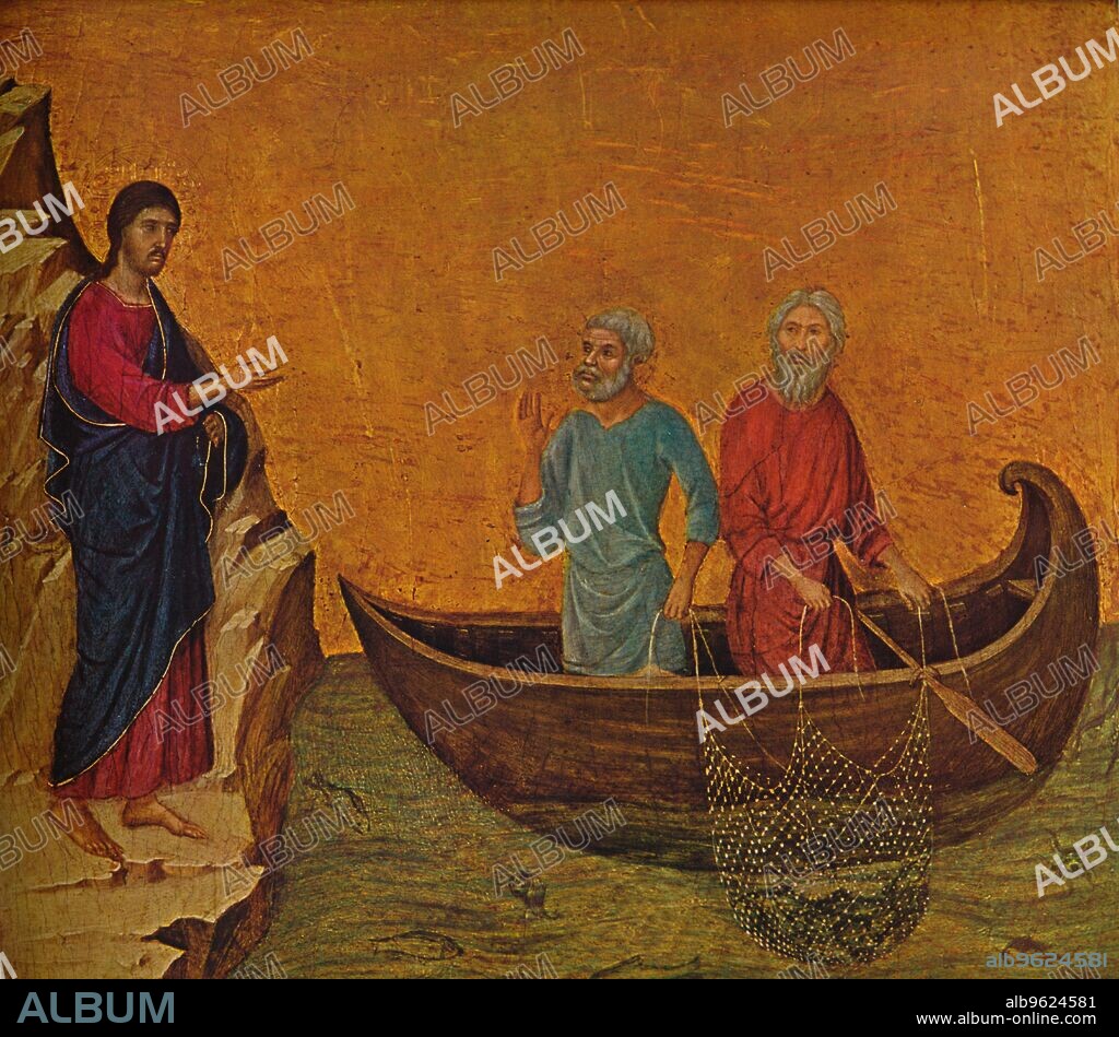 DUCCIO DI BUONINSEGNA. 'The Calling of the Apostles Peter and Andrew', 1308-1311. The painting is part of the Kress Collection, National Gallery of Art, Washington DC. From Masterpieces of Painting, edited by Huntington Cairns and John Walker. [National Gallery of Art, Washington D.C., Random House, New York, N.Y. 1944].