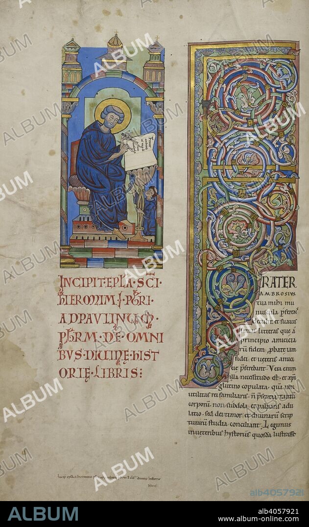 Beginning of St Jerome's letter to Paulinus. Text; initial 'F' with foliage decoration. St Jerome is seated under an architectural arcade, writing the opening words of his letter to Paulinus, in a book resting on a desk. Before him a kneeling monk holds an ink-horn. The saint is writing with a quill, and holding a knife in his left hand. Worms Bible. Germany [Frankenthal, near Worms, Middle Rhineland]; 1148. Source: Harley 2803, f.1v. Language: Latin.