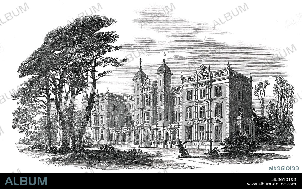 The Kneller Hall Training School, Whitton, [near Twickenham], 1850. 'The estate...was formerly in the possession of Sir Godfrey Kneller, the celebrated State painter...The building has been erected from the designs...of Mr. George Mair, architect...and the effect of the front is very satisfactory. The cornices, parapets, quoins, dressings to the windows, and other enrichments...are executed in Bath stone...a steam-engine of 3-horse power (erected by Messrs. Easton and Amos) is provided for pumping the water to supply the several tanks and cisterns required for the establishment; and steam power is applied to work the machinery for washing, and in the laundry department; also for cooking, and heating water for the baths, &c. The mangle is turned by steam...The building is lighted by gas, supplied through a main laid down from Twickenham by the Brentford Gaslight Company'. From "Illustrated London News", 1850.