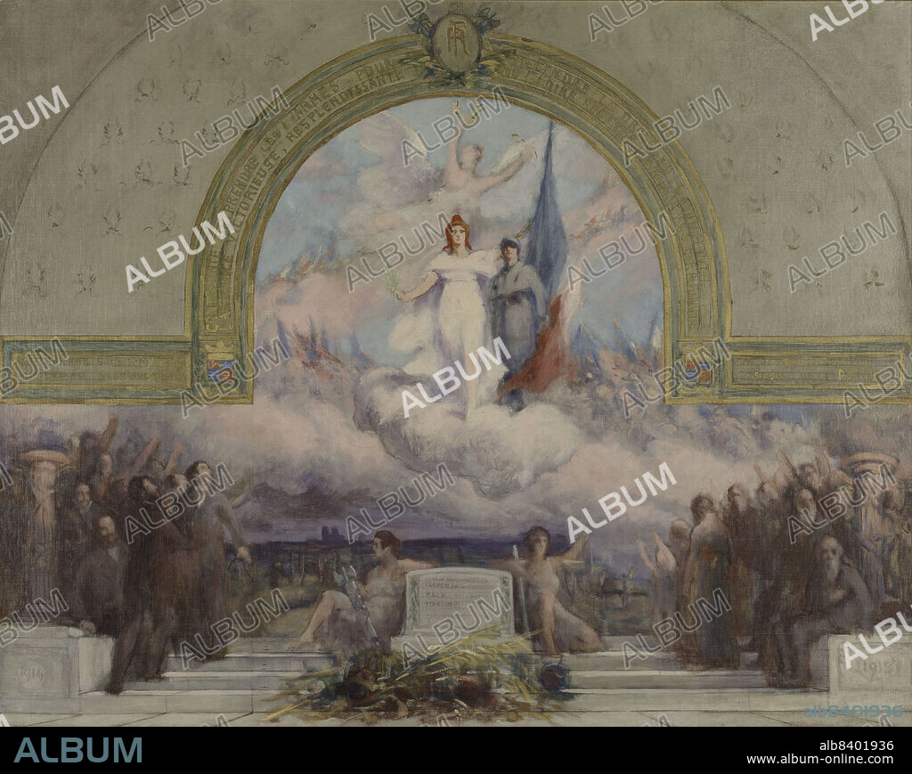 JULIEN LOUIS TAVERNIER. Sketch for (town hall?), rue Paul-Bert, Saint-Mandé : Allegory to the dead of the First World War, c.1921. Personification of the Republic, soldier holding the French flag. (Esquisse pour la salle municipale de la rue Paul-Bert, Saint-Mandé : Allégorie aux morts de la première guerre mondiale).