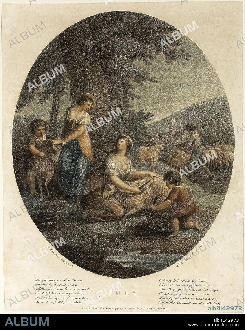 July. Francesco Bartolozzi (Italian, 1727-1815); after William Hamilton (English, 1751-1801); published by John and Josiah Boydell (English, 18th century). Date: 1789. Dimensions: 306 x 255 mm (image); 355 x 275 mm (sheet). Color stipple engraving on paper. Origin: Italy.
