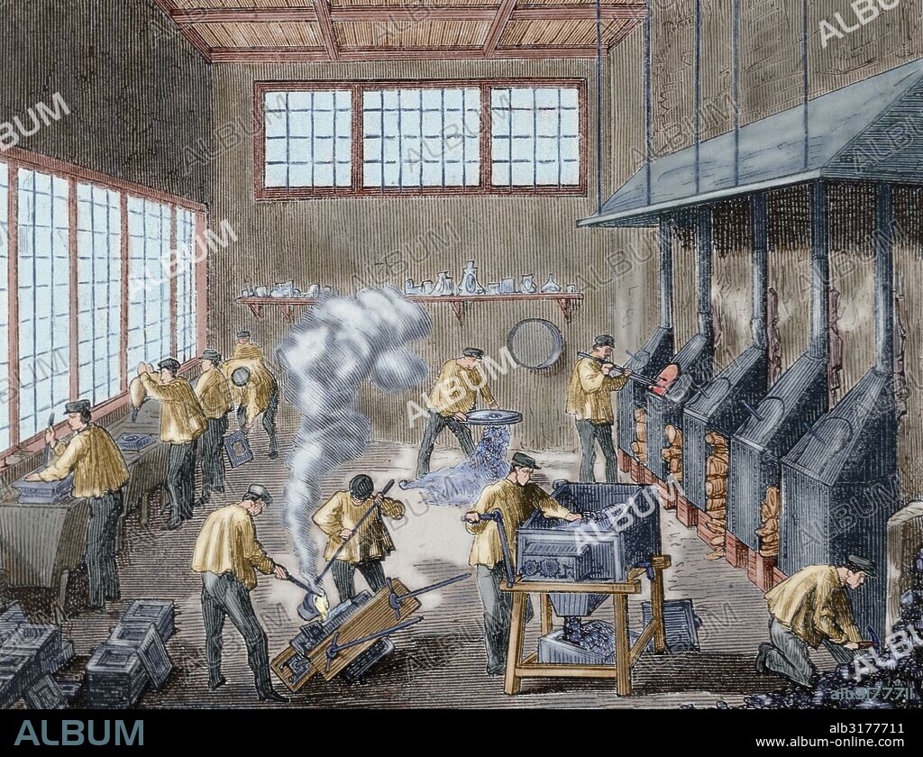 FABRICA Y FUNDICION DE METALES DON LEONCIO MENESES, denominada "PLATA MENESES". Obreros trabajando en la sala de fundición. Grabado de "La Ilustración Española y Americana". Autor: Urrabieta. Año 1872. Coloreado.