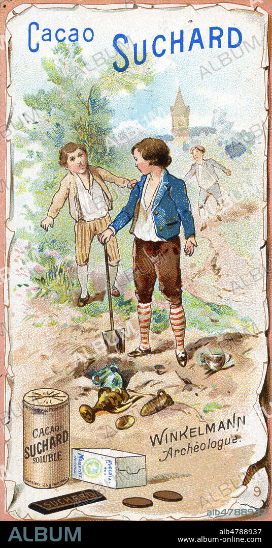 'Winkelmann, archeologue'. Chromo publicitaire Suchard vers 1900, serie sur l'enfance des personnages celebres. Illustration anonyme. Credit : Collection IM/KHARBINE-TAPABOR.