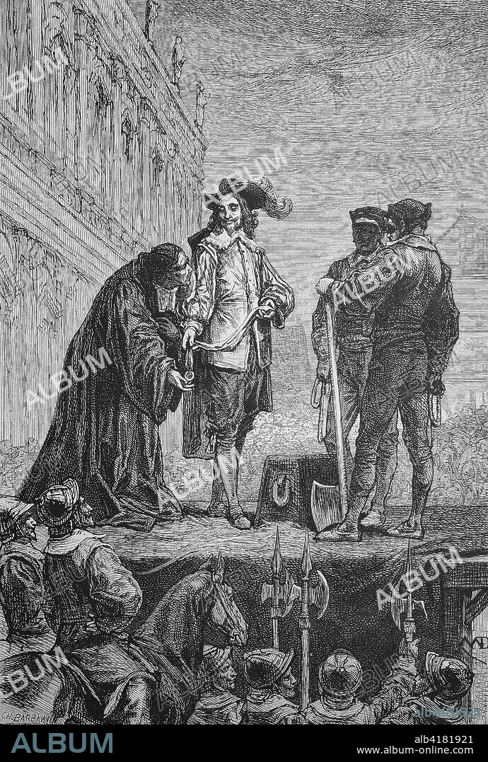Charles I's beheading, Charles I, 1600 - 1649, was monarch of the three kingdoms of England, Scotland, and Ireland from 27 March 1625 until his execution in 1649, digital improved reproduction of a woodcut from the year 1885.