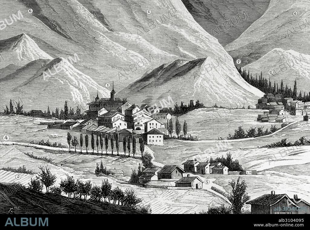 TERCERA GUERRA CARLISTA (1872-1876). Navarra. Vera. Vista panorámica de la población y alrededores. 1. Villa de Vera. 2. Barrio de Alzate. 3. Carretera de Elizondo. 4. Camino de Irun, por Endarlaza. 5. Orillas del Bidasoa. 6. Montes Pirineos. 7. Camino de Sara (Francia). Grabado por Rico. La Ilustración Española y Americana. 1876.