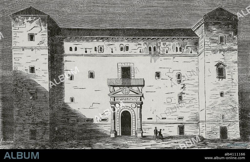 España. Provincia de Guadalajara. Pastrana. Palacio Ducal de Pastrana. Construido en el siglo XVI por el arquitecto Alonso de Covarrubias en estilo renacentista. Dibujo por Soriano. Grabado. Crónica General de España, Historia Ilustrada y Descriptiva de sus Provincias. Castilla-La Nueva, 1869. Biblioteca Histórico Militar de Barcelona, Cataluña, España.