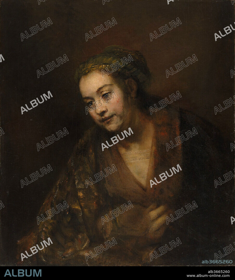 Hendrickje Stoffels (1626-1663). Artist: Rembrandt (Rembrandt van Rijn) (Dutch, Leiden 1606-1669 Amsterdam). Dimensions: 30 7/8 x 27 1/8 in. (78.4 x 68.9 cm). Date: mid-1650s.
The sitter is probably Hendrickje Stoffels, who was the painter's companion from about 1650 until her early death in 1663. Rembrandt's responsibility for this portrait has never been doubted, although the signature and date appear to have been added by another hand. The picture may have been painted at different intervals in the years about 1655-60, and it may be unfinished in the drapery and hand. The paint surface is badly abraded, making judgments of quality and of Rembrandt's intentions difficult. It seems likely, however, that the artist had Titian in mind: for example, his famous painting (known from many copies) of the repentant Magdalen.