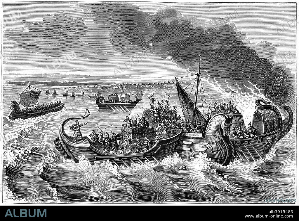 Combat between Roman and Veneti vessels, Loire river, 56 BC (1882-1884). The Veneti were a Gallic tribe that inhabited Brittany. Like the rest of the Gauls, they were conquered by Julius Caesar in the Gallic Wars fought between 58 and 51 BC. In 56 BC, they fought the Romans in a naval battle, the Battle of Morbihan, but were defeated. From a bas-relief on the walls of Narbonne. A print from La France et les Français à Travers les Siècles, Volume I, F Roy editor, Saint-Antoine, 1882-1884.