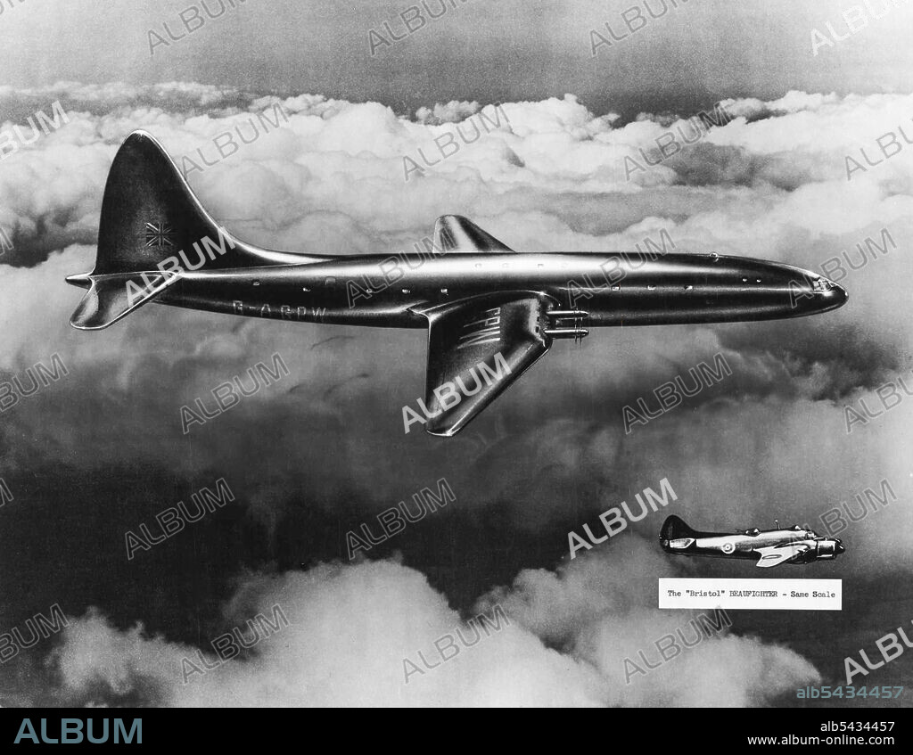***** of the Bristol Brabazon drawn to scale with a Beaufighter. April 7, 1955. (Photo by B. Carone, The Bristol Aeroplane Co. Ltd.).