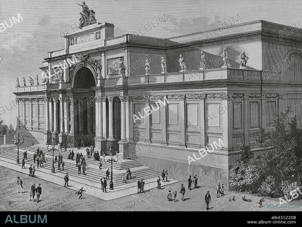 MANUEL NAO (1843-1884). SPANISH ILLUSTRATOR. BERNARDO RICO (1825-1894). SPANISH ENGRAVER.. Rome, Italy. Palazzo delle Esposizioni. Exterior view of the building, opened on 21 January 1883, on the occasion of the celebration of the Esposizione delle Belle Arti (International Exhibition of Fine Arts). It was designed by the Italian architect Pio Piacentini (1846-1928). Drawing by Nao. Engraving by Rico. La Ilustración Española y Americana (The Spanish and American Illustration), 1883.
