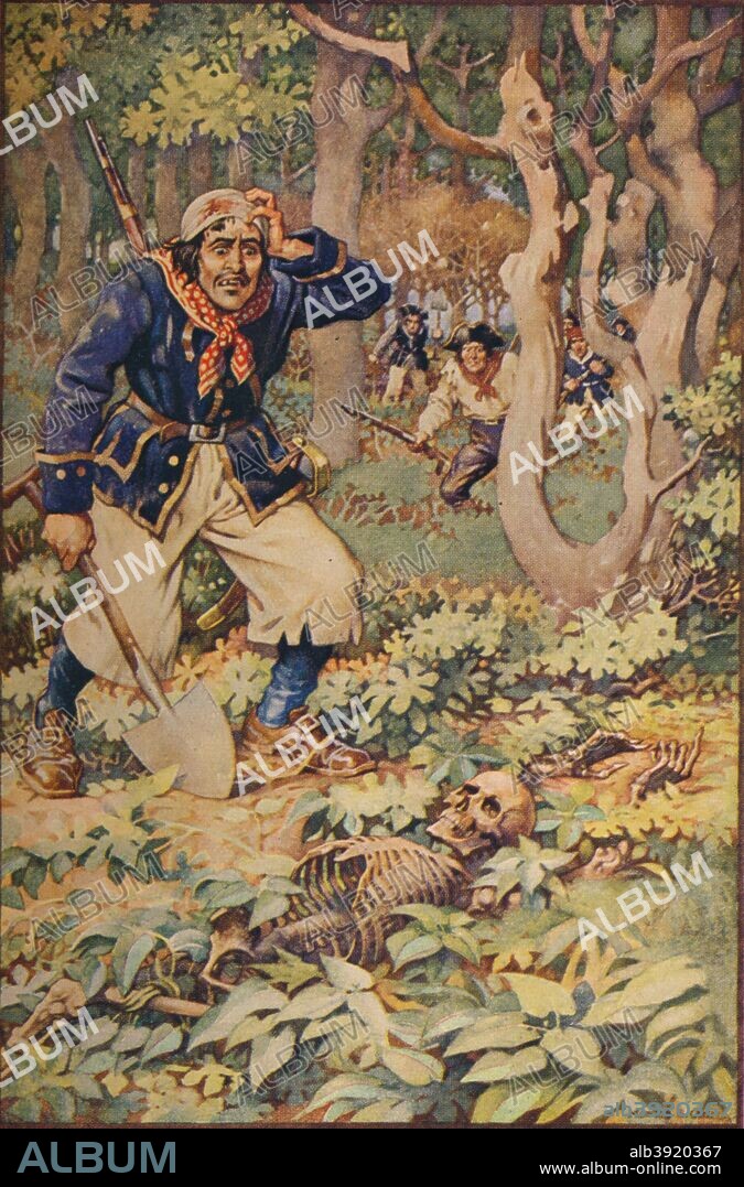 'Flint's Pointer', c1910, (1934). Treasure Island by Robert Louis Stevenson (1850-1894), first published in 1883. An illustrated scene of Captain Flint.  From The Bookman - Special Christmas Number 1934. [Hodder and Stoughton, London, 1934].