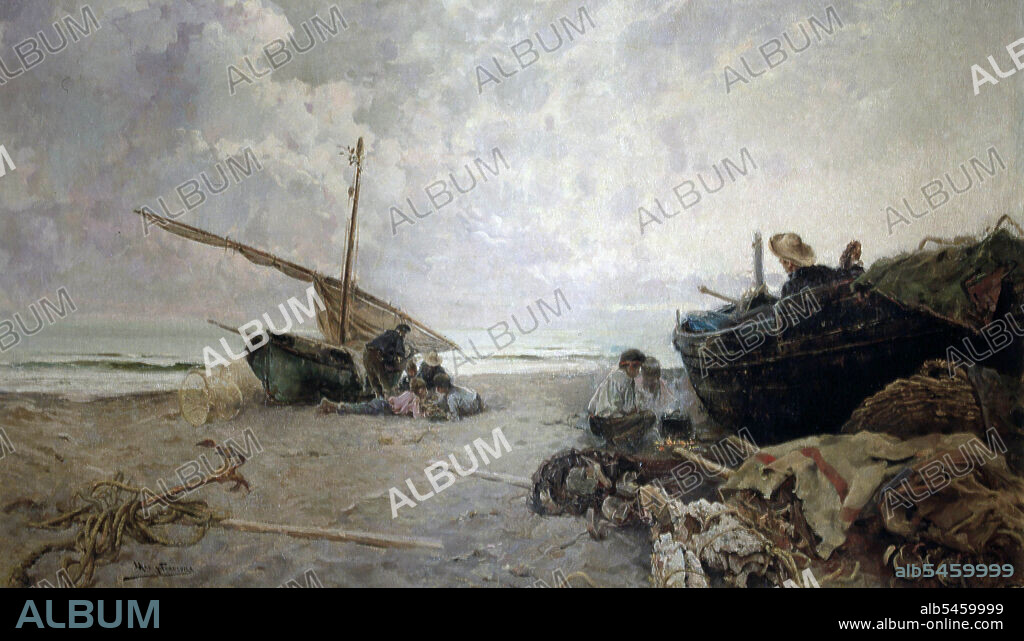 MAS Y FONDEVILA , ARCADIO. ARCADI MAS I FONDEVILA. PINTOR ESPAÑOL . BARCELONA . 1852 - 1934. " NIÑOS EN LA PLAYA " , OLEO DEL AÑO 1895. COLECCION PARTICULAR.