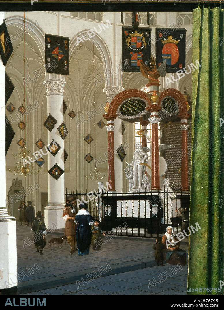 Hendrik Cornelisz. van Vliet, The Tomb of Admiral Jacob Van Wassenaer in the Choir of the Jacobskerk, 1667, oil on canvas, 37 in. x 28 in. (94 cm. x 71.1 cm.), In mid-seventeenth-century Delft, Hendrick Cornelisz. van Vliet was one of several painters who specialized in illusionistic renderings of the interiors of the city's two great Gothic churches. In addition to the scrupulous investigation of the visual qualities of light and space, these views were also expressions of the pleasure of observation and national pride, drawing attention to the memorials of the heroes in Holland's recent struggle with Spain. The figures in the composition serve as more than mere markers of scale, bringing life to this representation of the church, which served as one of the city's important civic centers. The remarkable trompe l'oeil curtain in the far-right foreground cleverly plays with notions of surface and illusion and serves as a transition between the space of the viewer and the deep architectural volume of the interior.