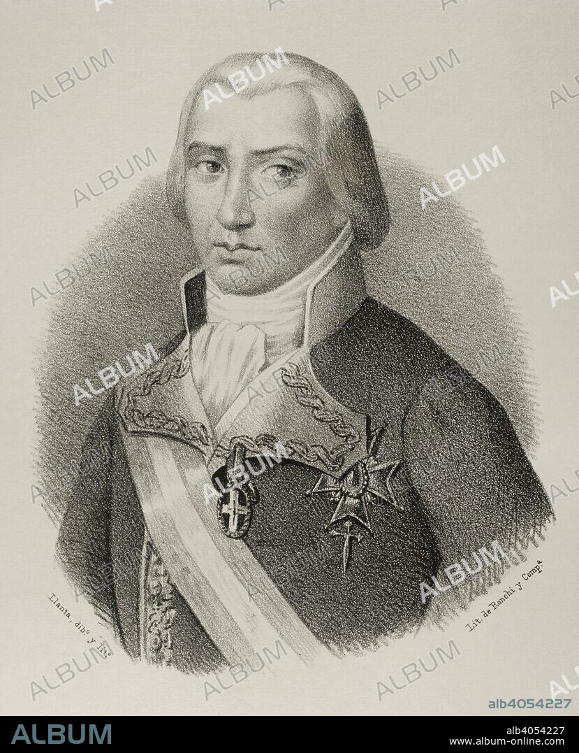 Federico Gravina (Palermo, 1756-Cádiz, 1806). Marino y militar español. Capitán general de la Real Armada Española. Conocido por su participación en la Batalla de Trafalgar. Dibujo por Llanta. Litografía. Retrato. Crónica General de España, Historia Ilustrada y Descriptiva de sus Provincias. Andalucía, 1867. Biblioteca Histórico Milita de Barcelona, Cataluña, España.