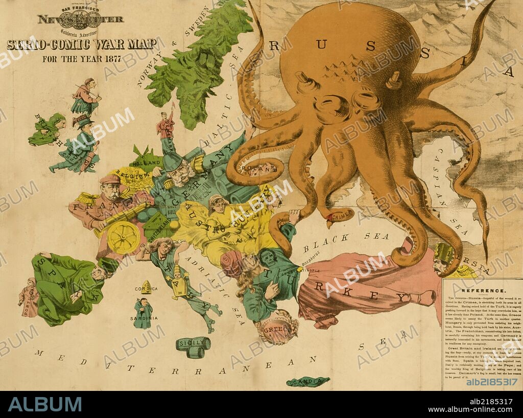 Serio-comic war map for the year 1877 with Russia as an Octopus; Fascinating political caricature map by Frederick Rose of the countries of Europe, known as the Octopus Map from the brooding presence of the Russian Empire depicted as a massive octopus, whose tentacles stretch out towards Europe. China is shown in the grasp of Russia, as is Persia and Poland. France and Spain are attractive women, while Germany, Italy and England are Military commanders. his map, by Rose, followed the style created by a Frenchman, Joseph Goggin, showing Russia as an octopus.